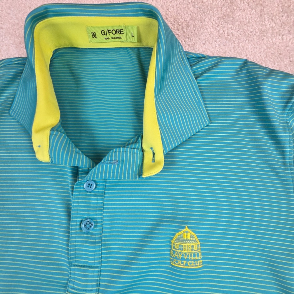 G/FORE Mens Striped Golf Polo Shirt Teal Lime Green Bayville Golf Club Large‎
